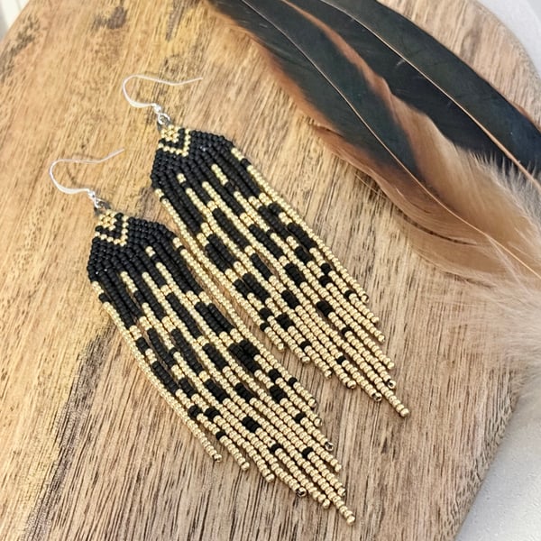 Black and gold waterfall beadwork fringe earrings