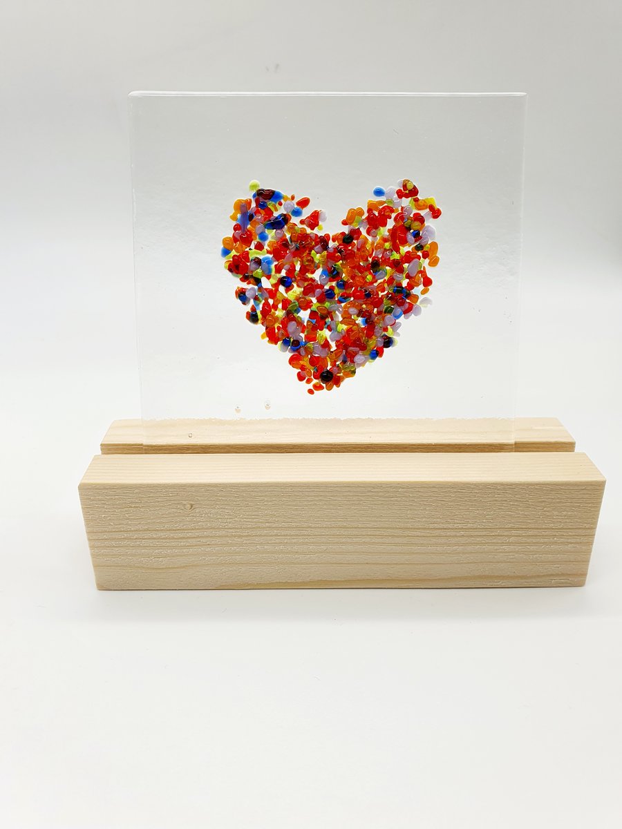 Fused Glass 'Rainbow Sprinkles Heart' on Wooden Stand 