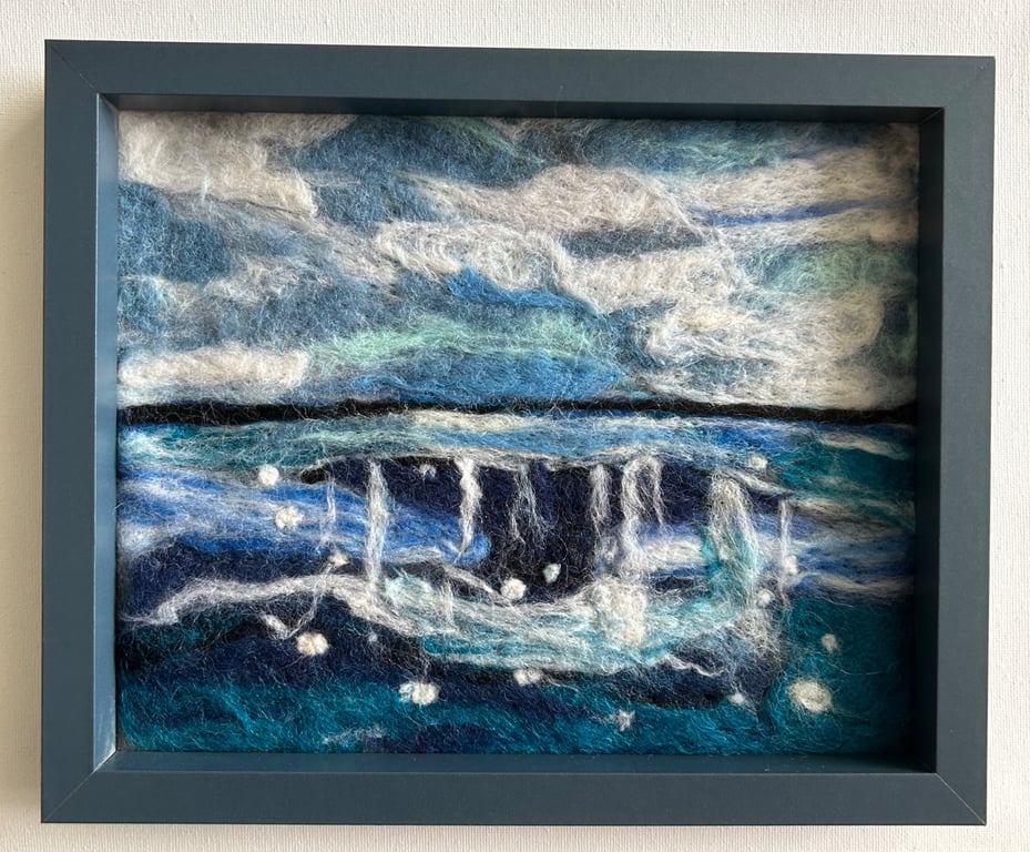 Needle felting whale tail seascape 11x9" 