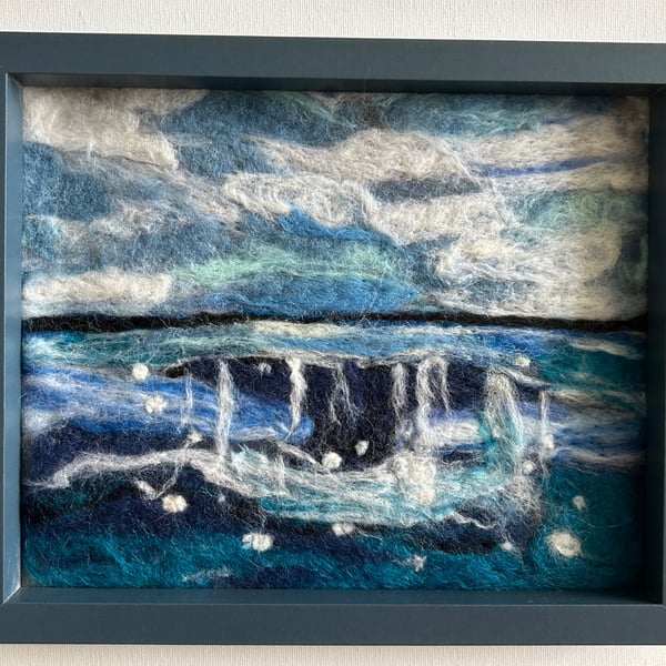 Needle felting whale tail seascape 11x9" 