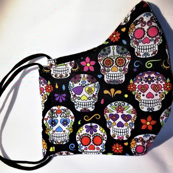 Face mask reusable triple layer 100% cotton sugar skull printed cotton hand made