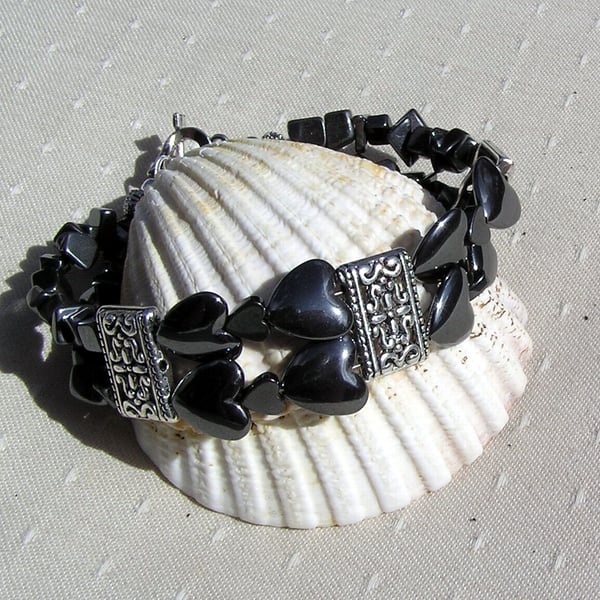 SALE - Hematite Gemstone Heart Cuff Bracelet "Black Beauty"