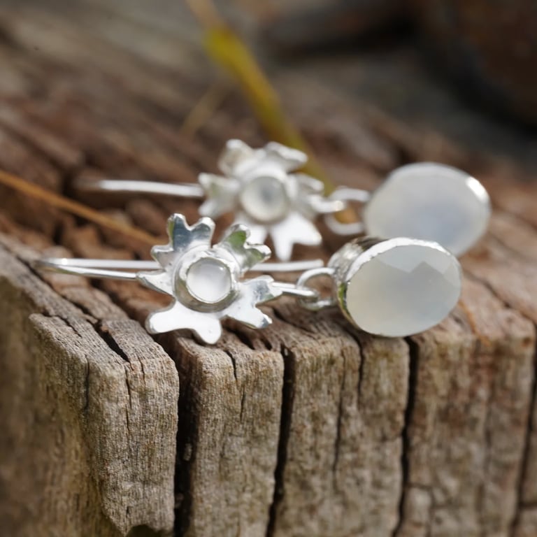 Sterling silver and moonstone earrings inspired by lichen