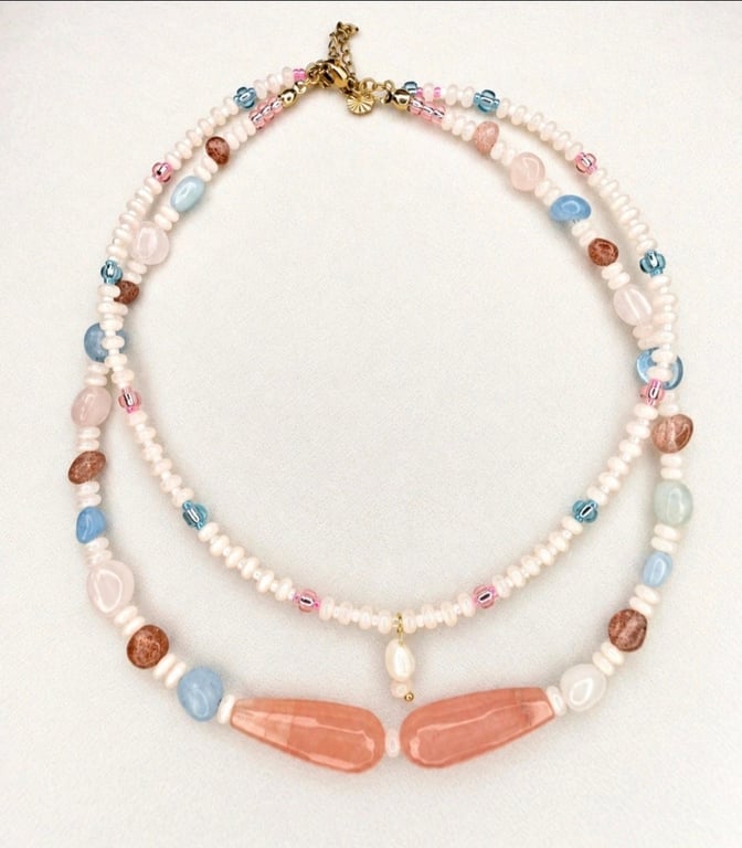 Handmade Gemstone Necklace, Coral Chalcedony and Quartz, Glass Beads, Double Str