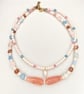 Handmade Gemstone Necklace, Coral Chalcedony and Quartz, Glass Beads, Double Str