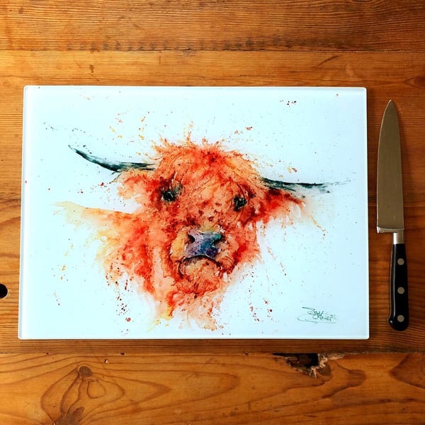 Angus the Highland Cow Glass Chopping Board, Kitchen Worktop Saver, Table Mat, C