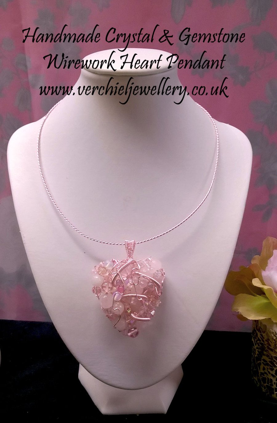Rose Quartz & Gemstone Wirework Heart Pendant