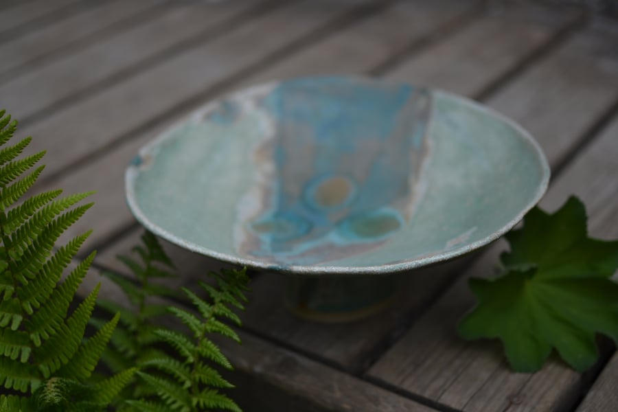 Beautiful birdbath for your garden - glazed in greens, turquoise and blues.