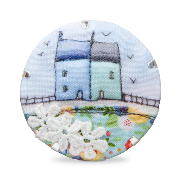 Brooch, little blue houses, fabric brooch