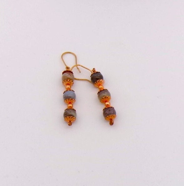 Handmade Botswana Agate Dangle Earrings Copper Flowers, Hypoallergenic