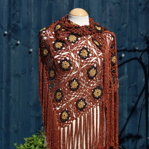 Crochet triangular shawl in sparkly gold, black copper and bronze - design LF433