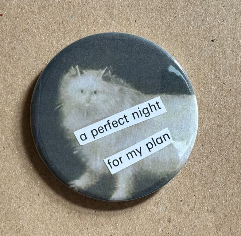 Collage pin badge - medieval cat meme - perfect night for my plan