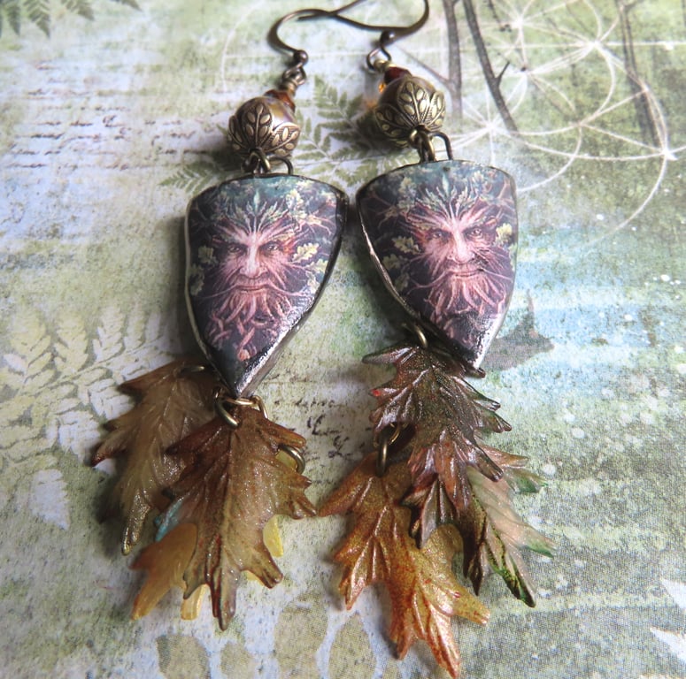 The Green Man Ceramic Earrings, Pagan Celtic Woodland Themed Dangle Earrings