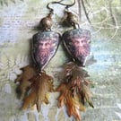 The Green Man Ceramic Earrings, Pagan Celtic Woodland Themed Dangle Earrings