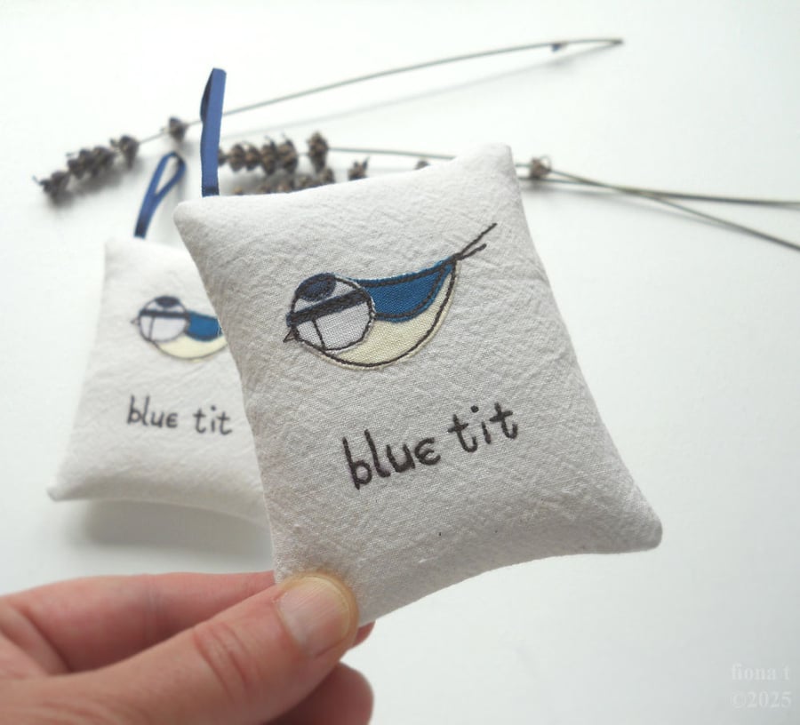 freehand embroidered lavender bag sachet hanging decoration BLUE TIT