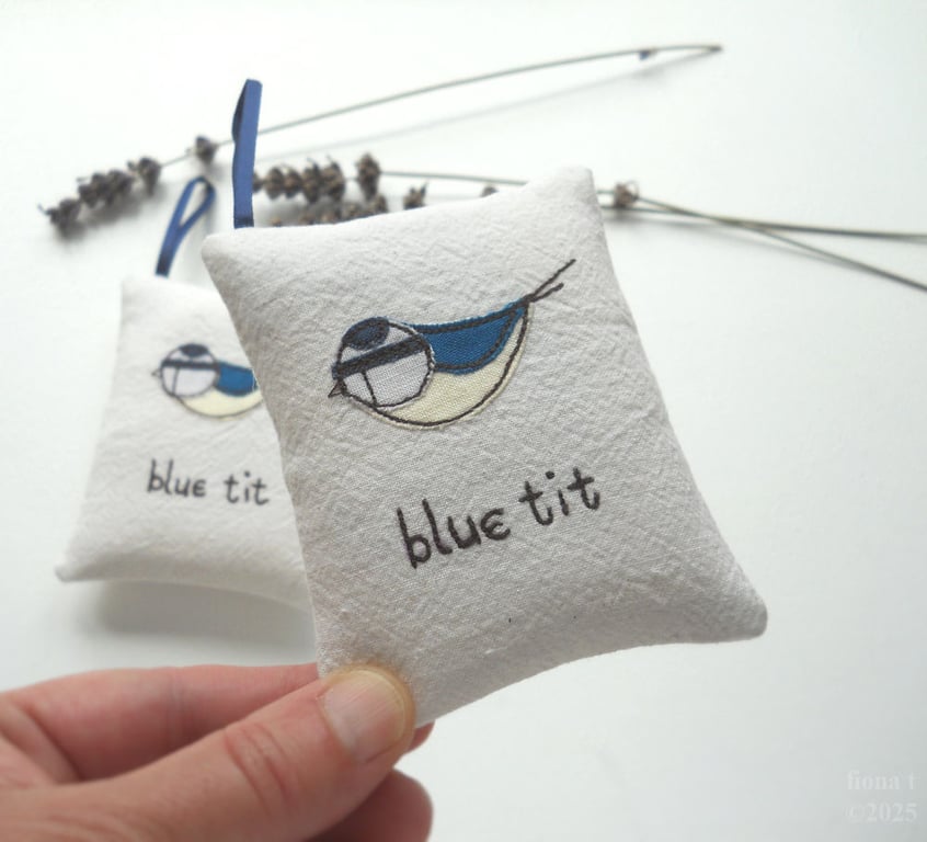 freehand embroidered lavender bag sachet hanging decoration BLUE TIT