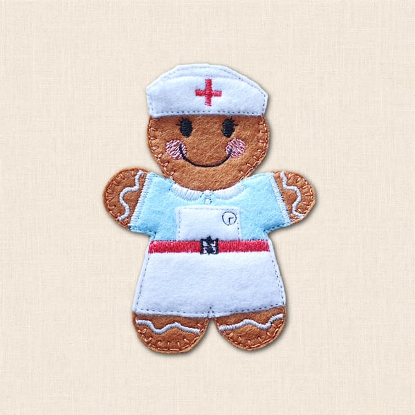 Vintage Nurse Gingerbread Decoration - Embroidered Nursing Character