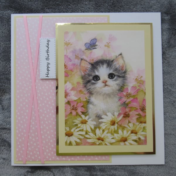 Kitten Among The Flowers Large Birthday Card