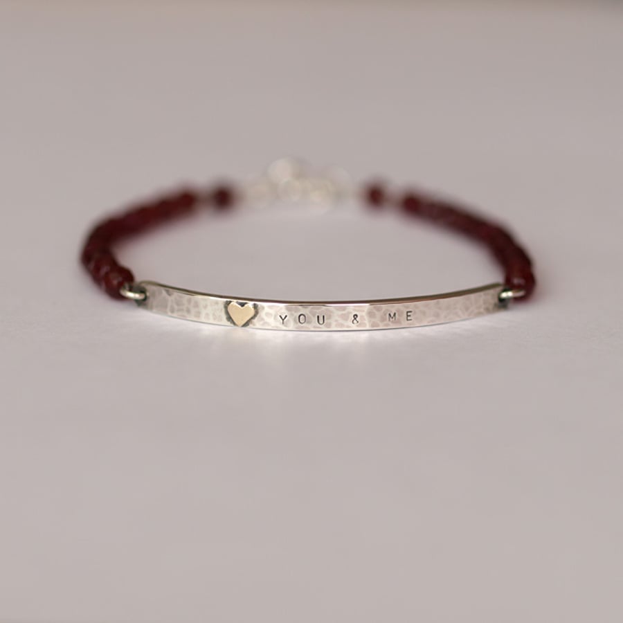 Personalised Silver Bar Bracelet with Gold Heart and Red Agate
