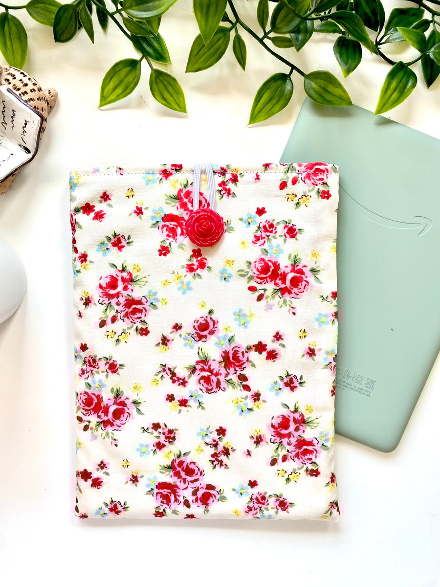 Handmade Pink  and Red Floral Kindle Sleeve, E-reader pouch, Fabric Sleeve