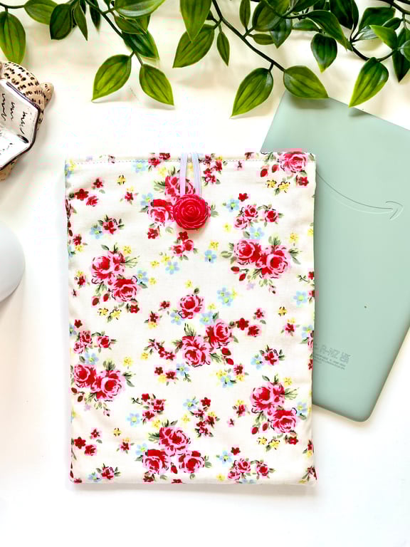Handmade Pink  and Red Floral Kindle Sleeve, E-reader pouch, Fabric Sleeve