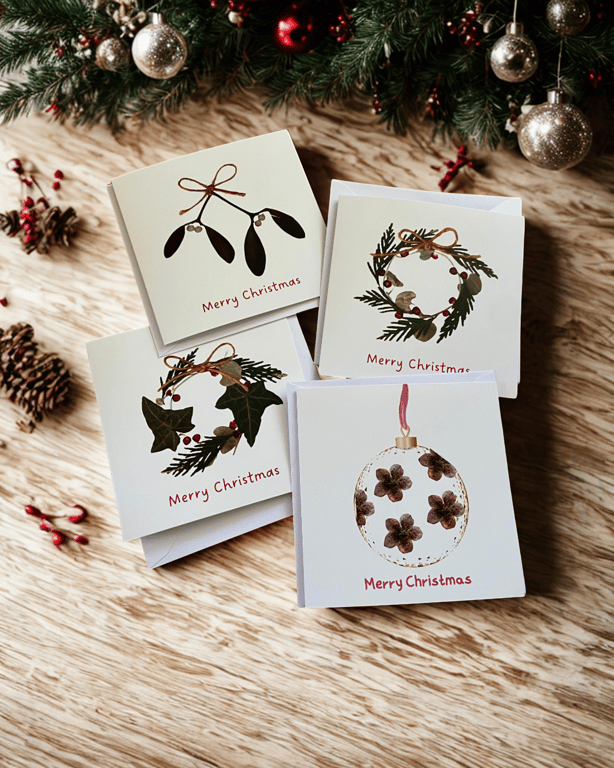 Christmas Cards - Pack of 4 Pressed Botanicals Design