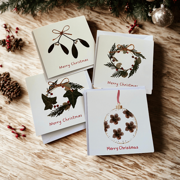 Christmas Cards - Pack of 4 Pressed Botanicals Design