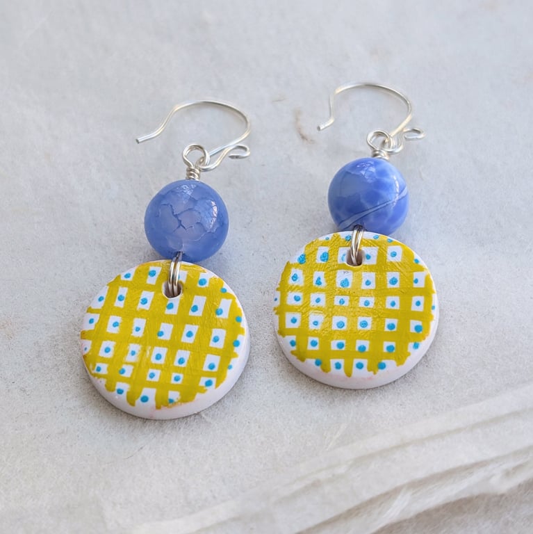 Hand-painted yellow and blue check polymer clay and sterling silver earrings 