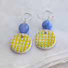 Hand-painted yellow and blue check polymer clay and sterling silver earrings 