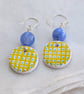 Hand-painted yellow and blue check polymer clay and sterling silver earrings 