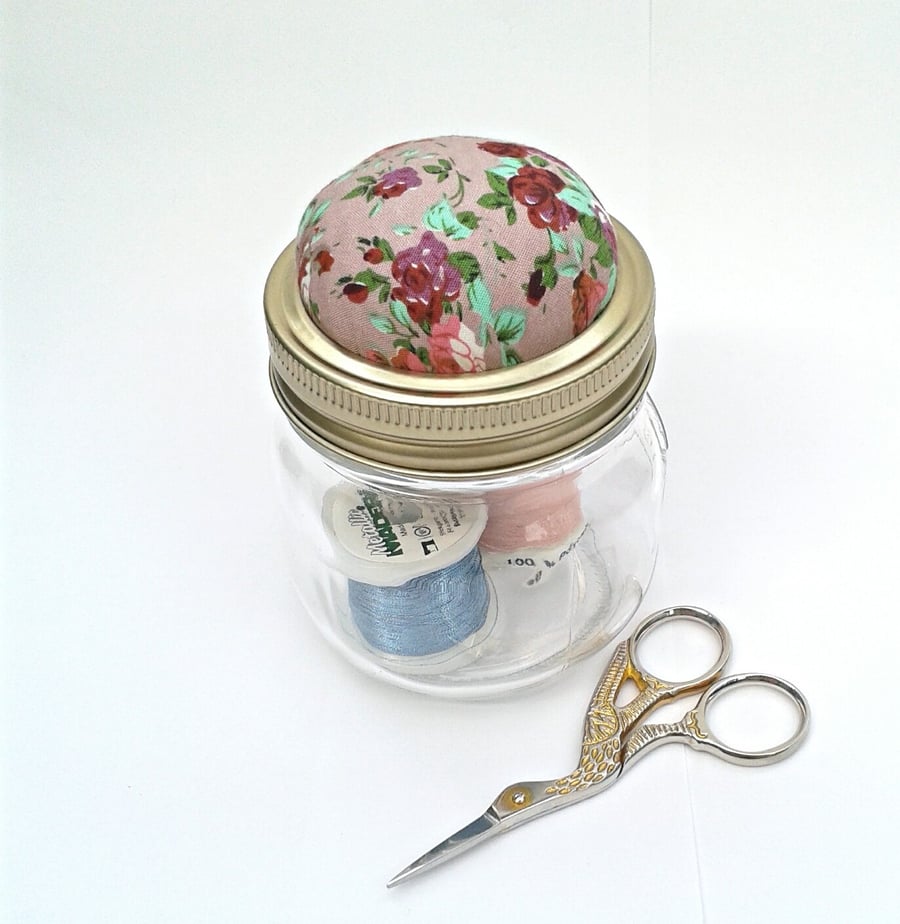 Pin cushion jar with screw lid for pins and needles  storage jar pin cushion