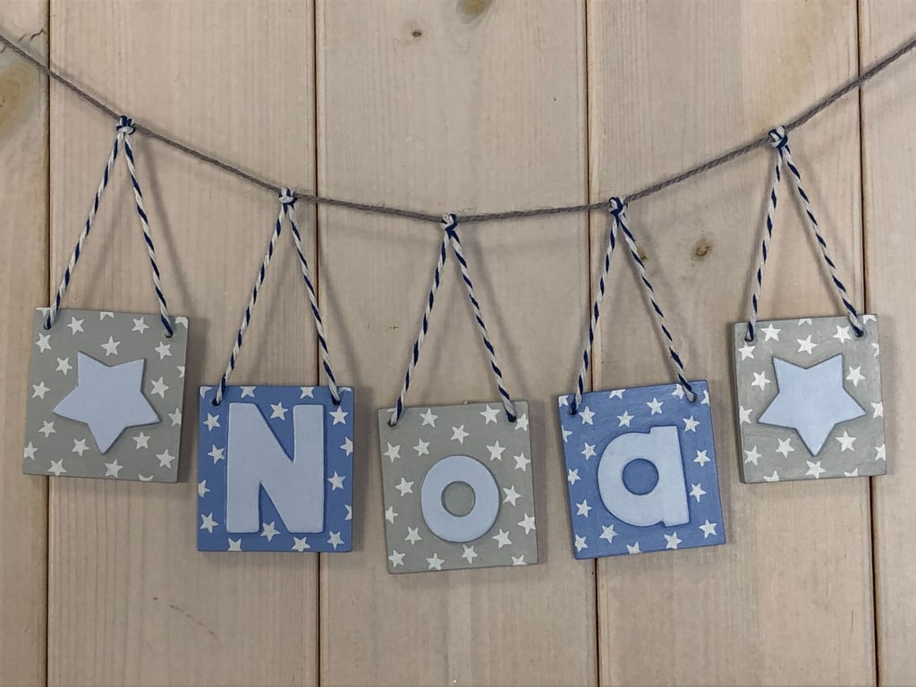 Personalised name bunting in blue and grey, Any Name!