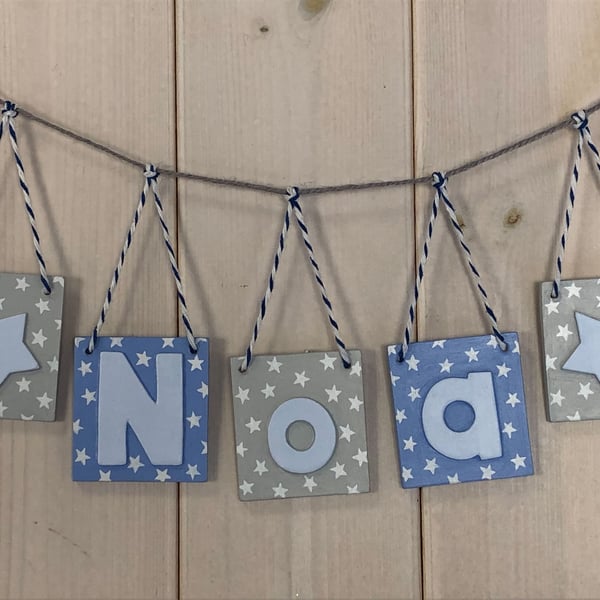 Personalised name bunting in blue and grey, Any Name!