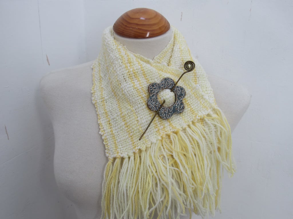 Cream and White Handwoven Scrap Scarflette, Cowl