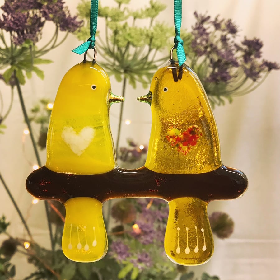 Fused glass Love Birds -  Swirly Yellow & Yellow