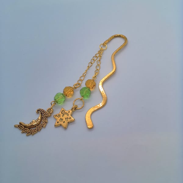 Gold Plated Bookmark With Lemon & Lime Beads and Moon and Star Charms
