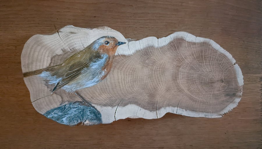 Original Robin painting on reclaimed and repurposed wood (yew)