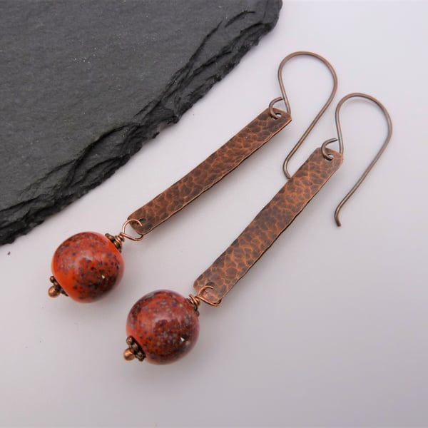copper long earrings, orange lampwork glass jewellery