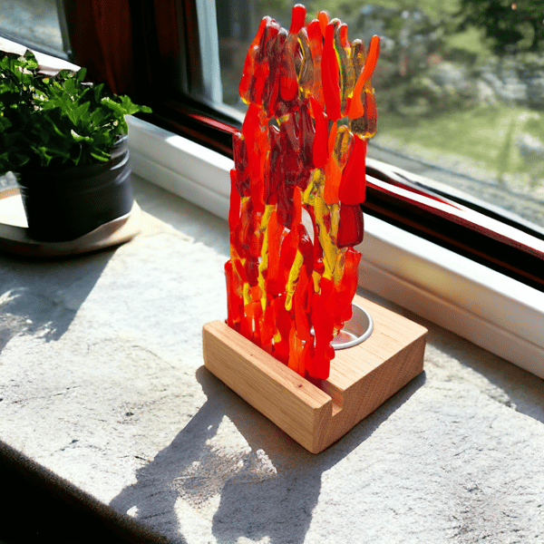 Fused Glass Candle Holder on a wooden stand. Ideal Housewarming Gift. Unique