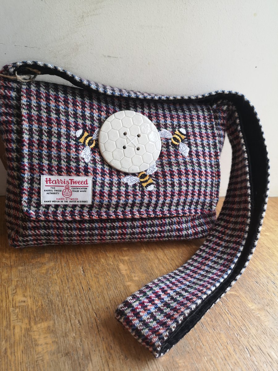 Harris Tweed Cross body bag with Embroidered bees and handmade bee hive button