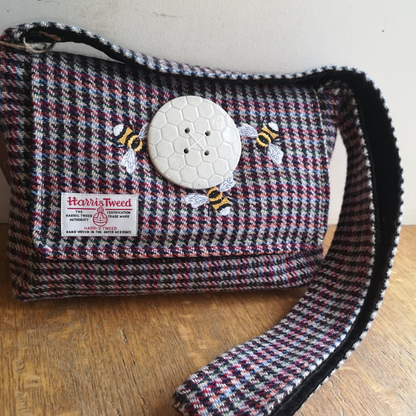 Harris Tweed Cross body bag with Embroidered bees and handmade bee hive button