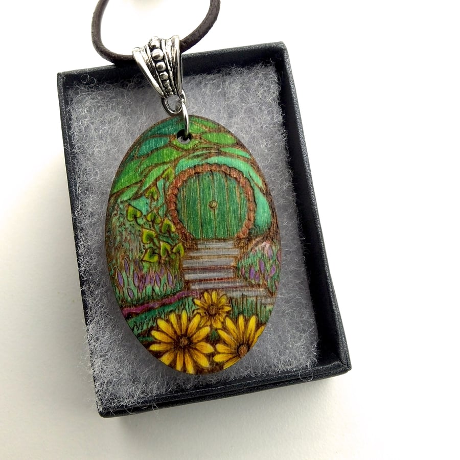 Wooden Pyrography Elven Fairy Door with Colourful Garden Wood Pendant Necklace