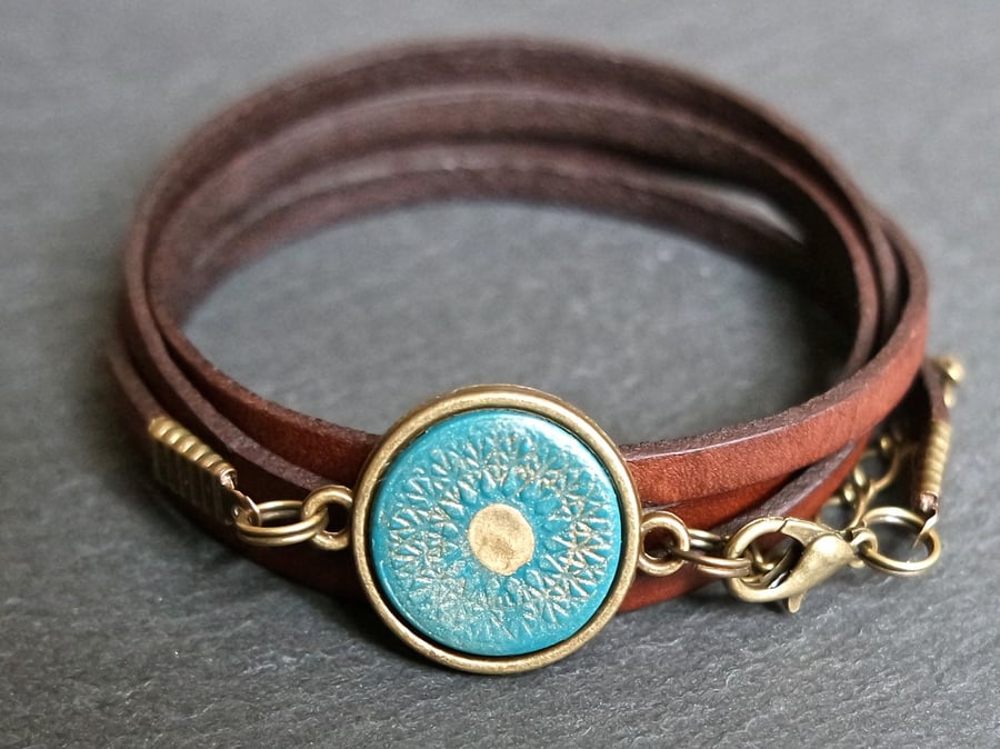 Leather bracelet - mandala turquoise bronze brown