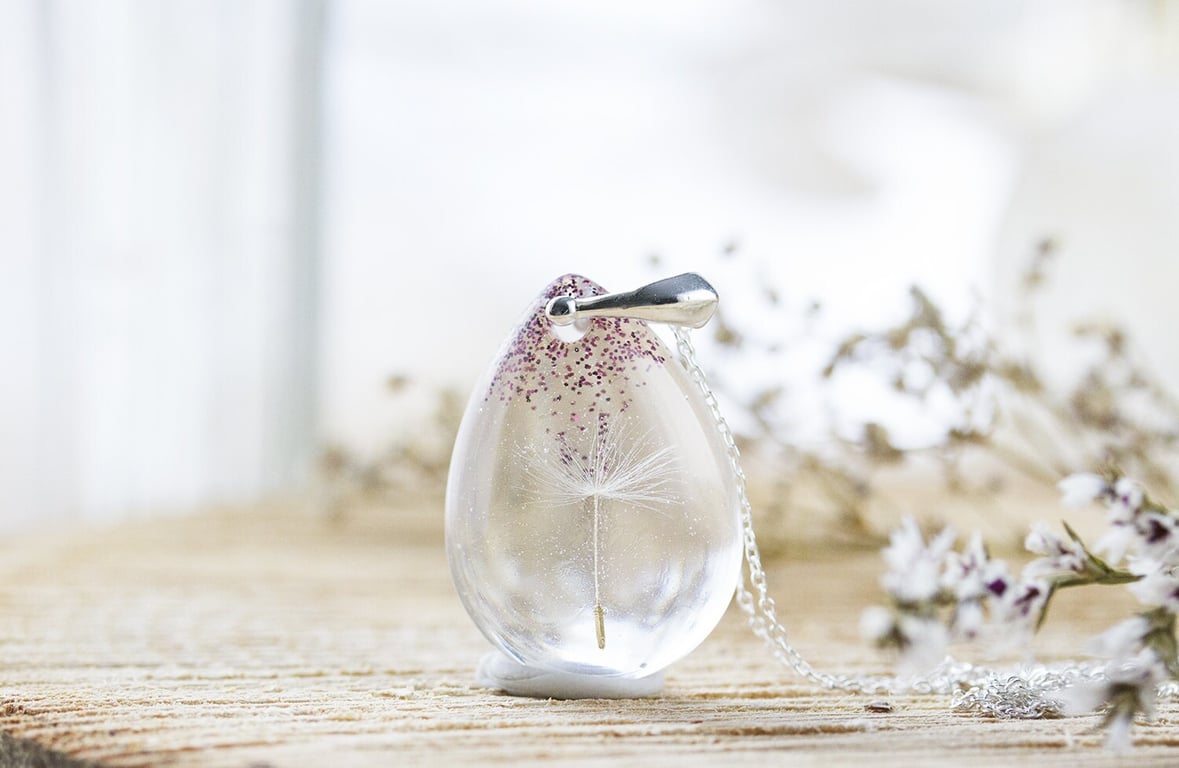Dandelion Seed Necklace Plum Purple Glitter Dandelion Jewelry Dandelion Necklace