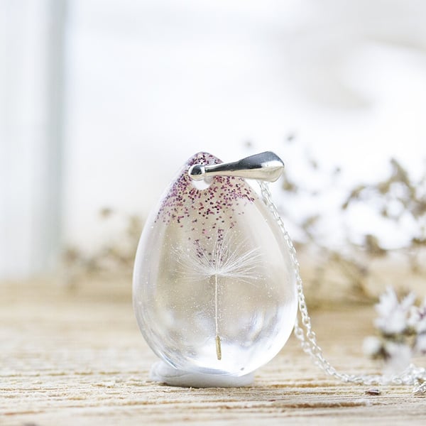 Dandelion Seed Necklace Plum Purple Glitter Dandelion Jewelry Dandelion Necklace