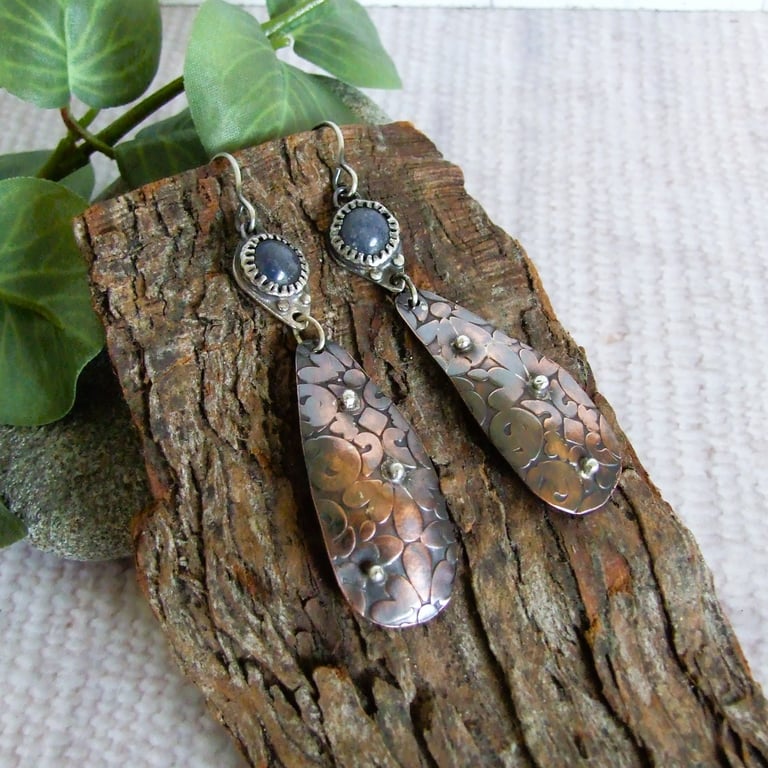 Earrings, Sterling Silver and Copper Droppers with Sodalite Gemstones
