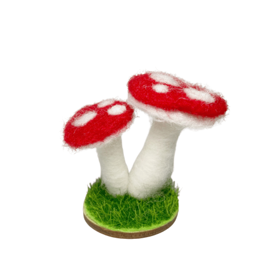 Double red and white fly agaric toadstool, needle felted sculpture, 2 toadstools