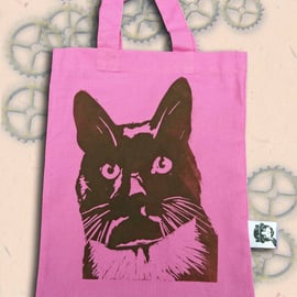 Black Cat Bag Pink Lino-Printed Hand Printed Mini Tote Shopping Bag Children