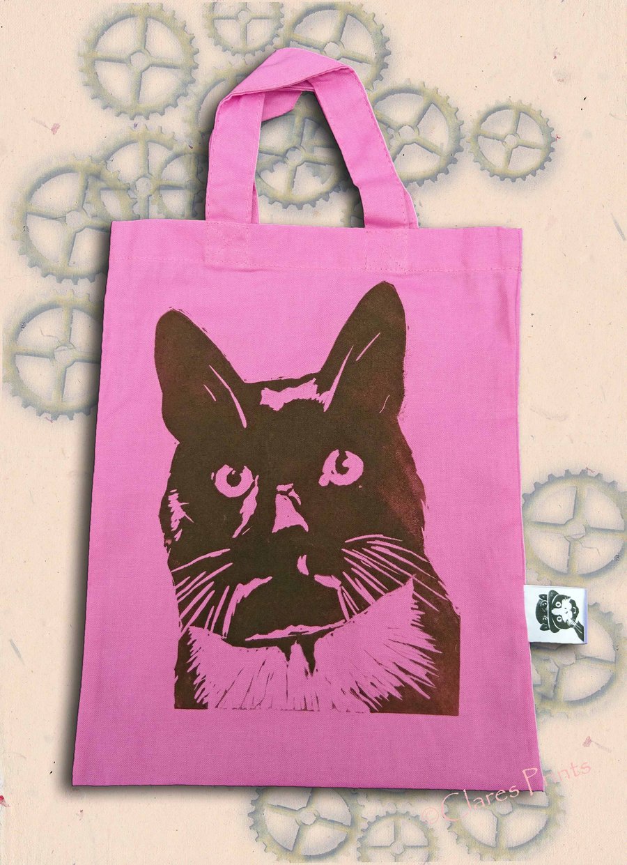 Black Cat Bag Pink Lino-Printed Hand Printed Mini Tote Shopping Bag Children