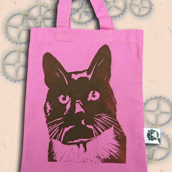 Black Cat Bag Pink Lino-Printed Hand Printed Mini Tote Shopping Bag Children